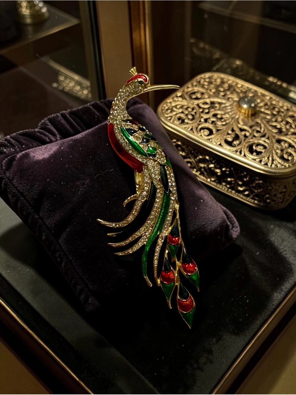 Vintage Gold-Tone Red Green Navy & Clear Crystals Peacock Brooch